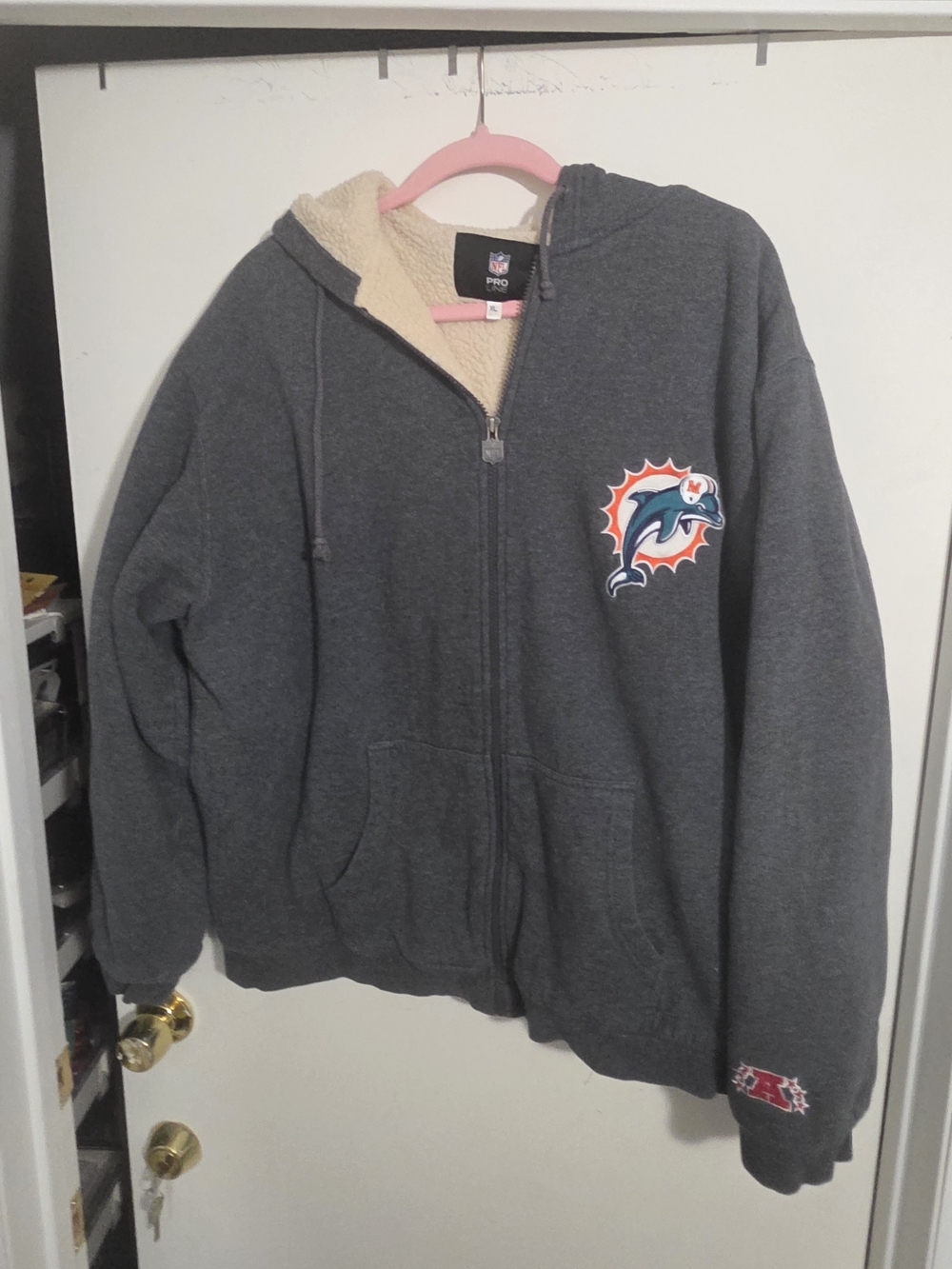 NFL Miami Dolphins Mens' Xl Sherpa-Lined Gray Zip Hoodie